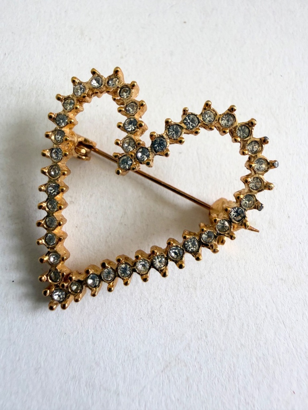 Vintage Clear Rhinestone Heart Brooch Gold Tone Pin Back